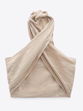 Zara Linen-Feel Crisscross Halter Top Beige Size M Summer Vacation Resort Beach